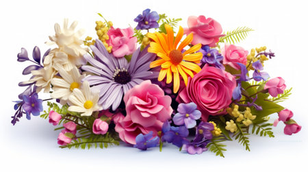 Generative AI A vibrant bouquet of assorted flowers arranged elegantly on a white background, with ample space for personalized messages or text.の素材