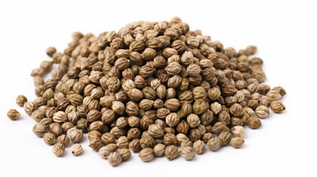 Close-up realistic photo featuring a small pile of hemp seeds on a white background Generative AIの素材