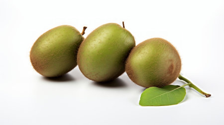 Close-up realistic photo featuring three ripe, delicious kiwis on a white background Generative AIの素材