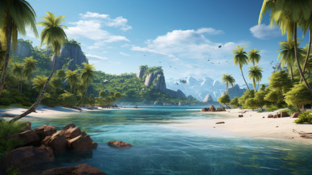 Generative AI A panoramic view showcasing a stunning tropical archipelago with coconut palms, secluded beaches, and tranquil lagoons ideal for aquatic explorationの素材