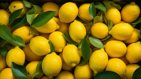 Close-up realistic photo showcasing a box filled with vibrant yellow lemons Generative AIの素材