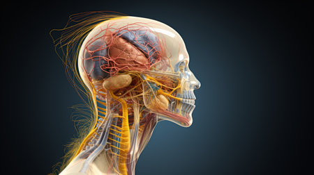 Generative AI Anatomical depiction of the cranial nerves and their functions, highlighting their roles in sensory and motor functions in the head and neck regions.の素材