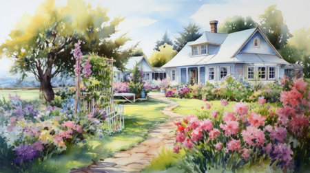 Generative AI Charming cottage gardens in full bloom. aquarelleの素材