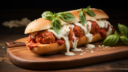 Close-up realistic photo of a meatball marinara sub sandwich on a white background Generative AIの素材