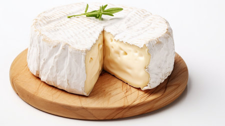 Close-up realistic photo featuring a soft camembert cheese against a white background Generative AIの素材