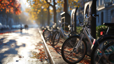 Generative AI Detailed view of a bike-sharing station, cyclists, bikes, urban scene, architectural details, realistic lighting, photorealistic styleの素材