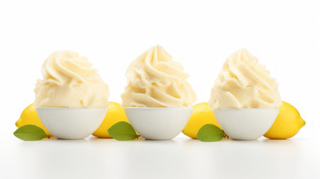 Close-up realistic photo of three scoops of tangy lemon sorbet on a white background Generative AIの素材