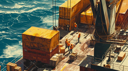 Generative AI Close-up of workers loading containers, realistic details, ship's deck, vast ocean backdrop, photorealistic depictionの素材