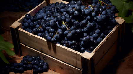 Close-up realistic photo featuring a box filled with plump black grapes Generative AIの素材