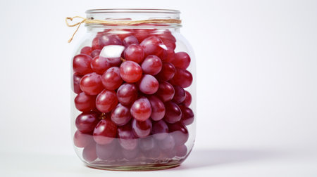 Close-up realistic photo featuring a glass jar filled with sweet red grapes against a white background Generative AIの素材