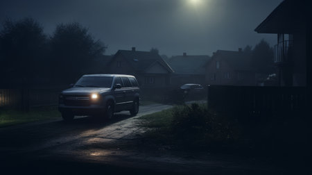 Generative AI Courier driving through suburban neighborhoods, delivering packages to various houses from the back of the carの素材