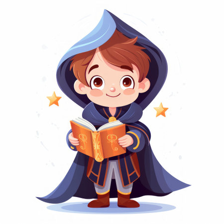 Generative AI A tiny wizard apprentice wearing oversized robes and holding a tiny spellbook.の素材