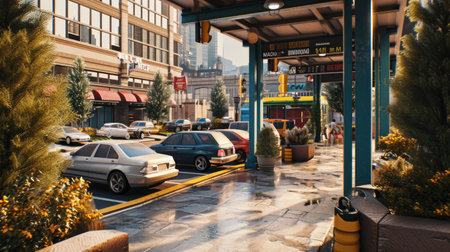 Generative AI Close-up of a rental car pickup area, cars, customers, signage, urban backdrop, detailed surroundings, photorealistic depictionの素材