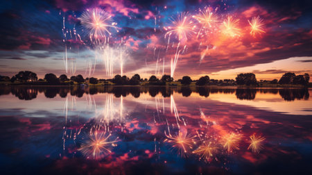 Generative AI Fireworks reflected on the surface of a calm lake, creating a stunning mirrored effectの素材