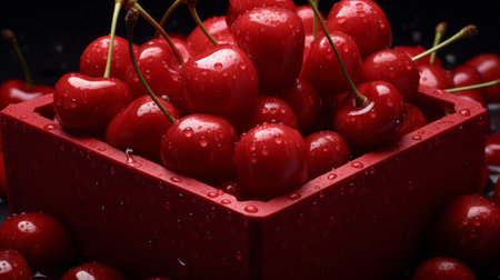Close-up realistic photo capturing a box of bright red cherries Generative AIの素材