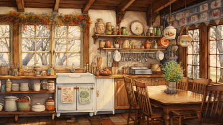 Generative AI Cottagepunk-inspired watercolor painting featuring a quaint kitchen adorned with maple syrupの素材