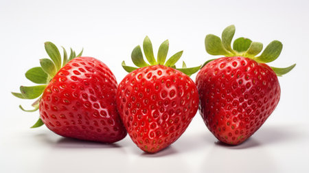 Close-up realistic photo showcasing three vibrant strawberries on a white background Generative AIの素材