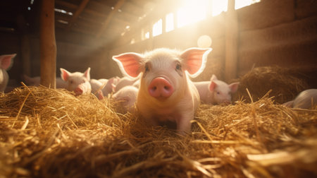 Generative AI Close-up shot showcasing the daily routine of feeding pigs in a cozy pigsty adorned with hay beds.の素材