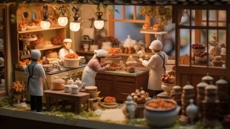 Generative AI Detailed miniature figurines preparing maple-infused pastries and desserts in a whimsical cottagepunk kitchenの素材