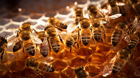 Generative AI Close-up shot of bees working in harmony inside a transparent observation beehive.の素材