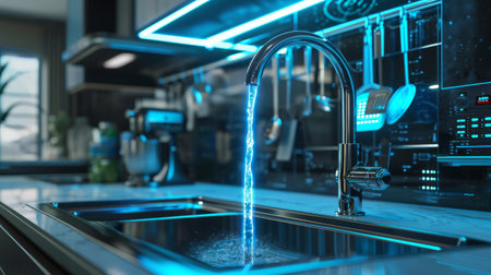 Generative AI Hi-tech pull-down kitchen faucet, integrated touchscreen, water stream visualization, futuristic atmospheric backgroundの素材