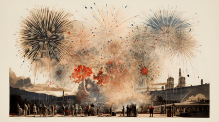 Generative AI Collage-style artwork featuring snapshots of different phases of a fireworks spectacleの素材