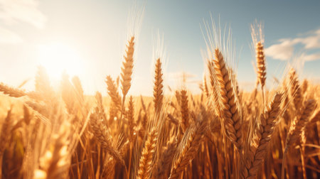 Generative AI Expansive wheat fields bathed in golden sunlight, showcasing the ripening wheat crops swaying gently in the breeze.の素材