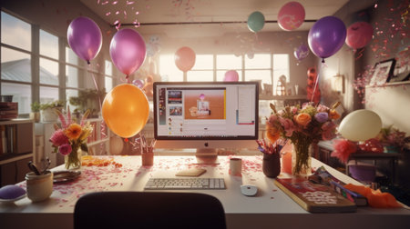 Generative AI Office desk adorned with birthday-themed decorations, confetti, and gifts to surprise a coworker on their special dayの素材