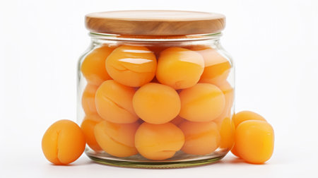 Glass jar filled with sweet, golden apricots, close-up realistic photo against a white background Generative AIの素材