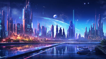 Generative AI Futuristic cities with neon-lit streets. aquarelleの素材