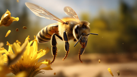 Generative AI High-speed capture of a bee in flight carrying pollen back to its hiveの素材