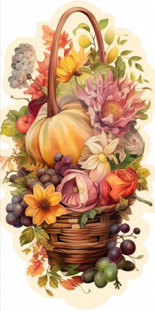 Generative AI Feminine sticker art set portraying a cornucopia centerpiece in an atmospheric watercolor style, filled with harvest produce and adorned with cottagepunk elements.の素材