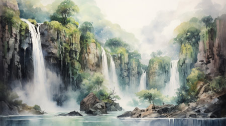 Generative AI Majestic waterfalls cascading down cliffs. aquarelleの素材