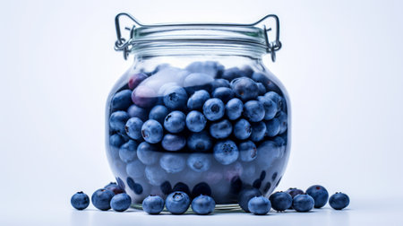 Close-up realistic photo showcasing a glass jar filled with vibrant blueberries against a white background Generative AIの素材