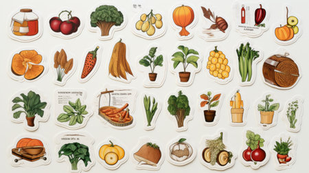 Generative AI Groceries art-style stickers featuring organic produce and eco-friendly products, emphasizing sustainability in white and bronze color palettes.の素材