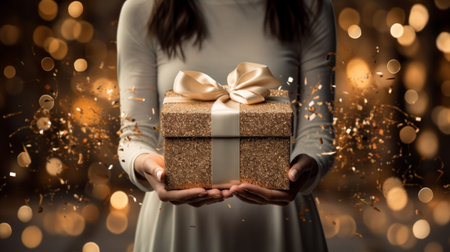 Generative AI Hands of a lady delicately gripping a luxury white silver gift box with a bow, with a festive background, Xmas and New Year postcard designの素材