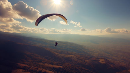 Paragliding above scenic valley, serene skies, peaceful flight, panoramic views Generative AIの素材