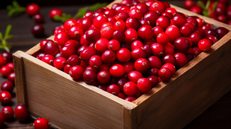 Close-up realistic photo featuring a box filled with bright red cranberries Generative AIの素材