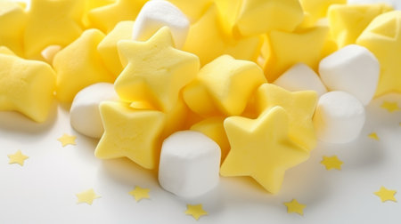 Marshmallows in sunny yellow, star-shaped, scattered on a white background, warm and inviting lighting, playful and cheerful mood Generative AIの素材
