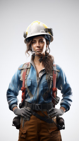 Generative AI Middle-aged female construction worker in gear, tools in hand, gentle smile, full stature against a plain white backgroundの素材