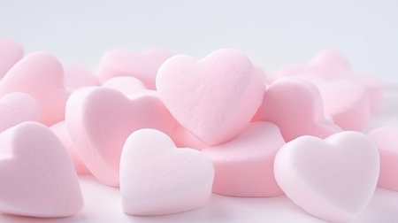 Marshmallows in pastel pink, heart-shaped, arranged on a white background, soft lighting, sweet and romantic ambiance Generative AIの素材