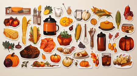 Generative AI Feminine sticker art collection showcasing Thanksgiving dinner essentials like cornbread, gravy, and roasted vegetables in a grocery art style with white and bronze accentsの素材