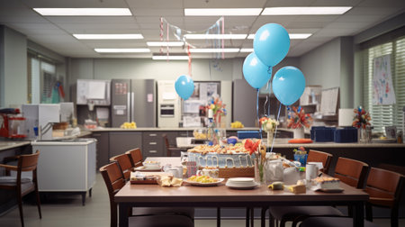 Generative AI Office break room adorned with festive decor, cake, and refreshments set up for a coworker's birthday gatheringの素材
