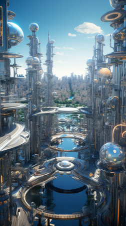 An ultramodern cityscape featuring self-sustaining skyscrapers, flying drones, and an intricate network of transport systems amid a digitally enhanced environment Generative AIの素材