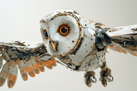 Conceptual image of a cybernetically enhanced owl with robotic wings and technological augmentations, against a plain white background Generative AIの素材