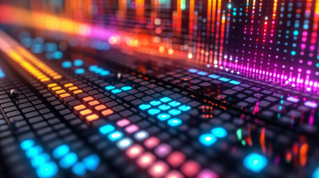 Audio equalizer display adorned with an array of multicolored flashing lights, reflecting the music's intensity and rhythm Generative AIの素材