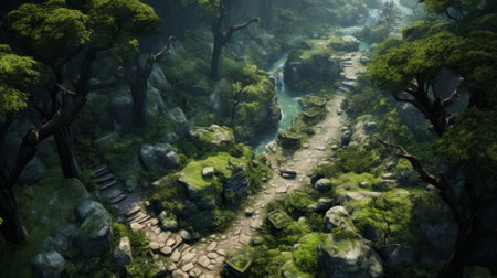 levated Forest Running Path ::1 top-down scene showcasing a forest trail for running, winding paths, secluded and serene Generative AIの素材