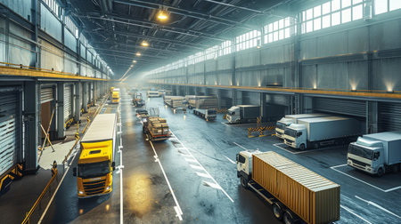 An expansive view of a logistics center, warehouses, trucks, loading docks, busy operations, realistic lighting, photorealistic scene Generative AIの素材