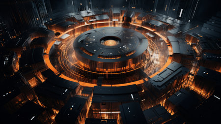 Bird's-eye view of an AI brain's data center, demonstrating its immense storage and analytical capabilities. Generative AIの素材