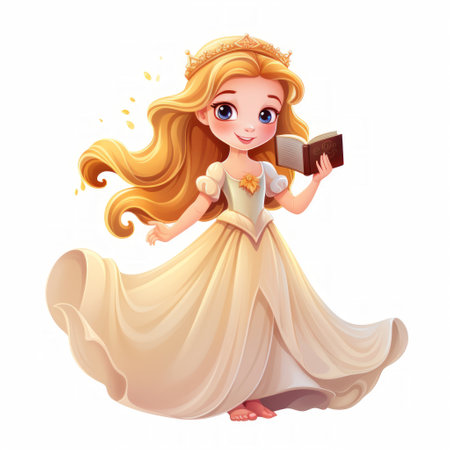 An adorable little fairy tale princess in a flowing gown, holding a tiny enchanted book Generative AIの素材